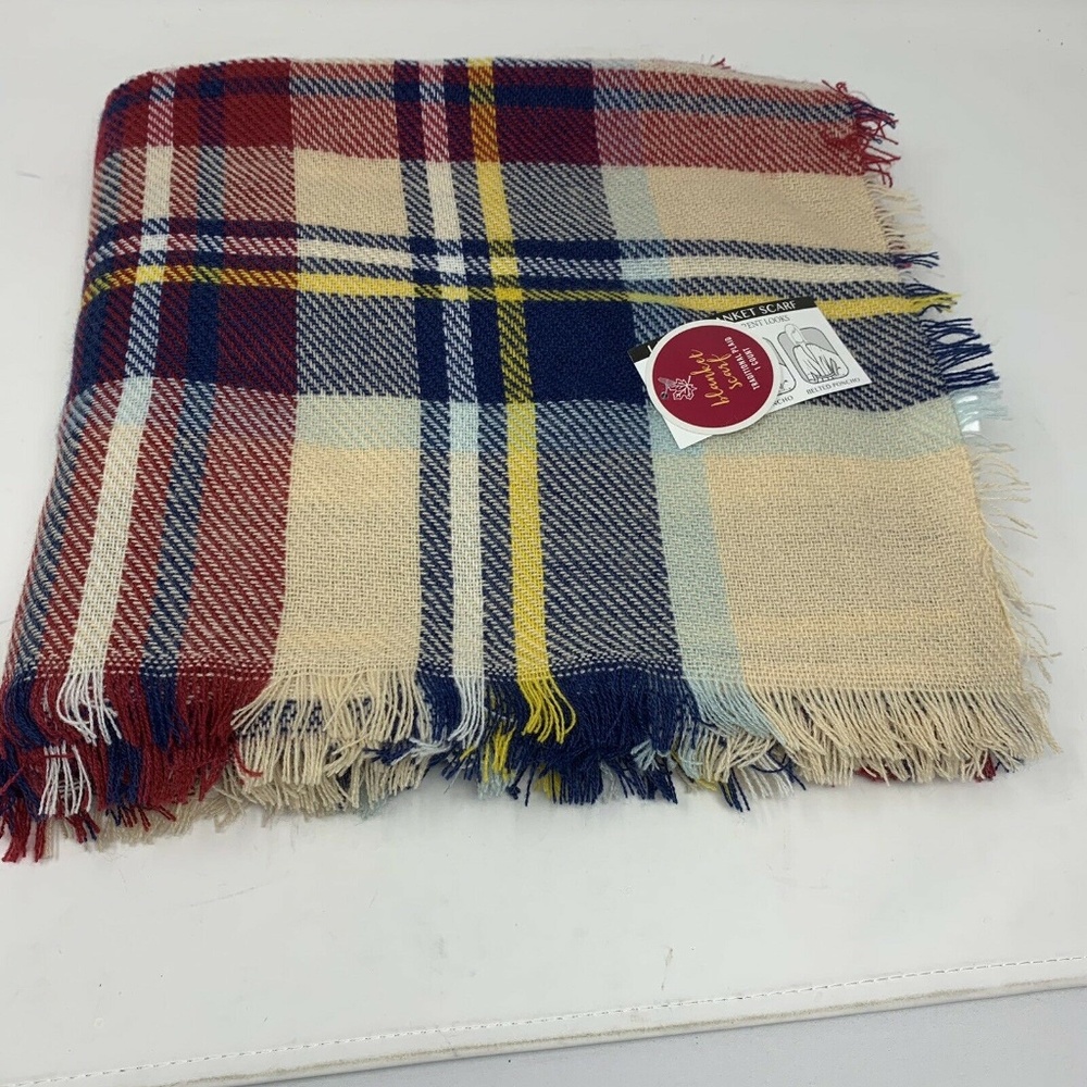 NEW Stadium blanket scarf red & blue plaid acrylic - Picture 5 of 8